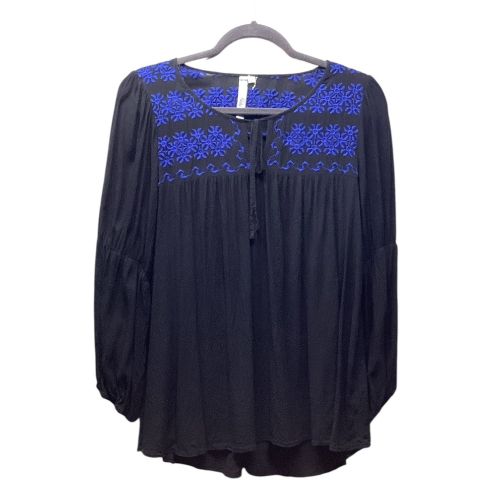 Andree Blue contrast embroidered peasant blouse Black with royal blue details M